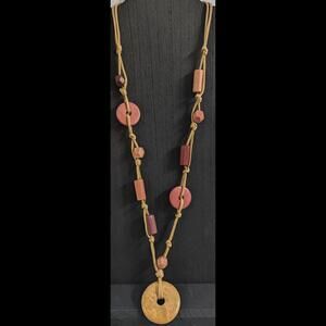 Long Bohemian Wooden‎ Beaded Necklace  Round Agate Stone Pendant 36" Hippy Boho
